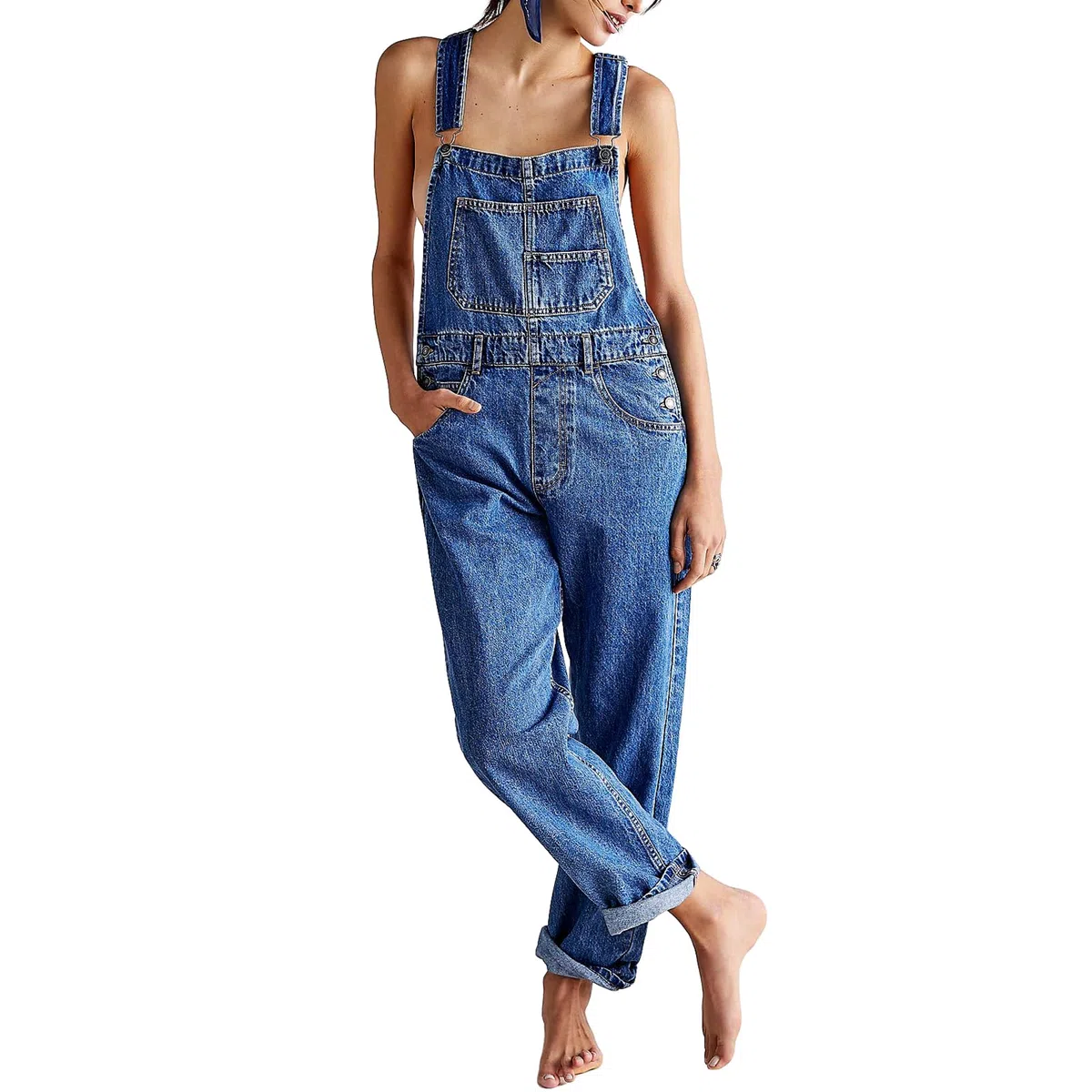 Qianderer Salopette da donna in denim casual a gamba larga in denim tuta larga larga bretella salopette pantaloni larghi jeans lunghi