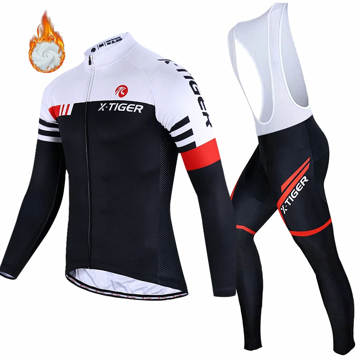 X-TIGER Ciclismo Inverno Termico Vello Completo Giacca Maglia Maniche Lunghe Maglietta Manica da Uomo 5D Gel Pantaloni Lunghi con Pettorina Set di Abbigliamento Ciclista