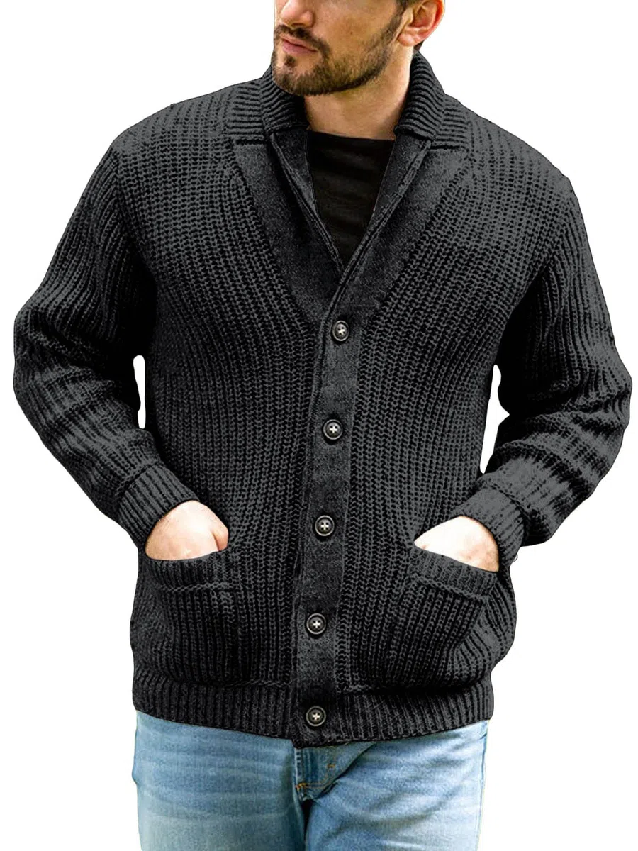 Runcati Cardigan da uomo a maglia grossa, casual, collo sciallato, a maniche lunghe, abbottonatura
