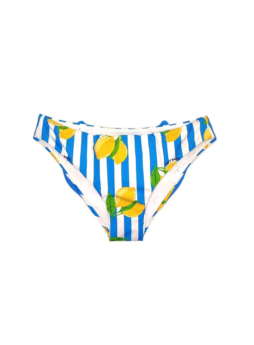 Saint Barth MC2 Costume Slip da Bambina a Righe Azzurre con Stampa Limoni e Fiocco sul Dietro