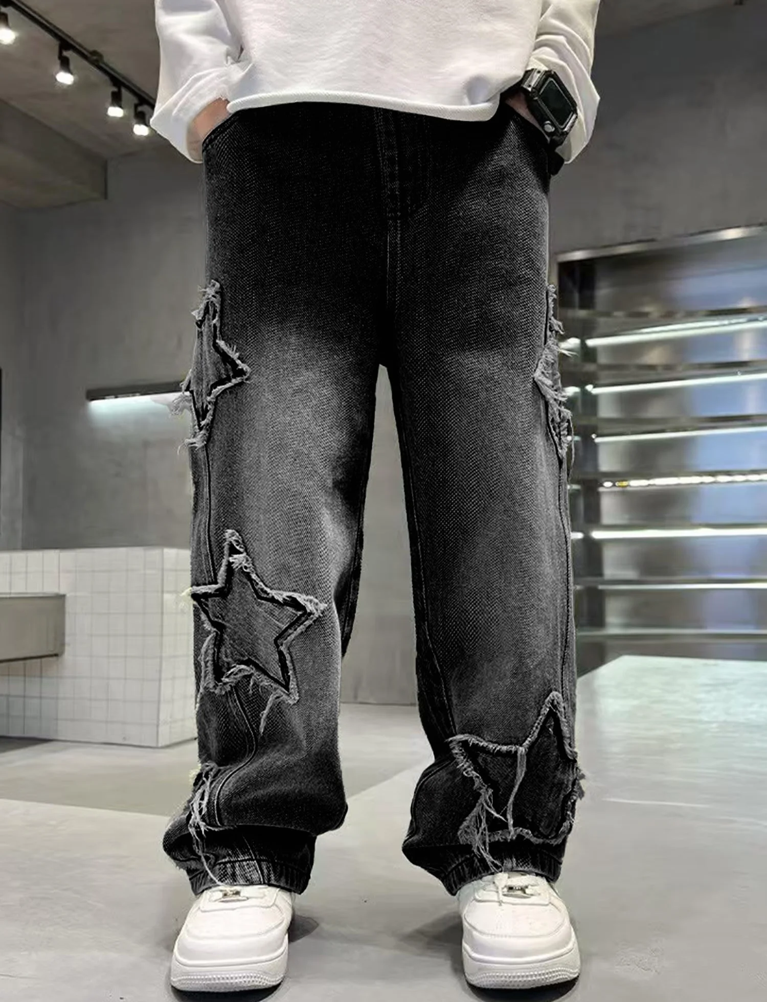 Happy Cherry Jeans Baggy Bambini Pantaloni Larghi Vita Elastica Ragazzi Pantaloni in Denim Vintage Moda Streetwear con Tasche 5-14 Anni