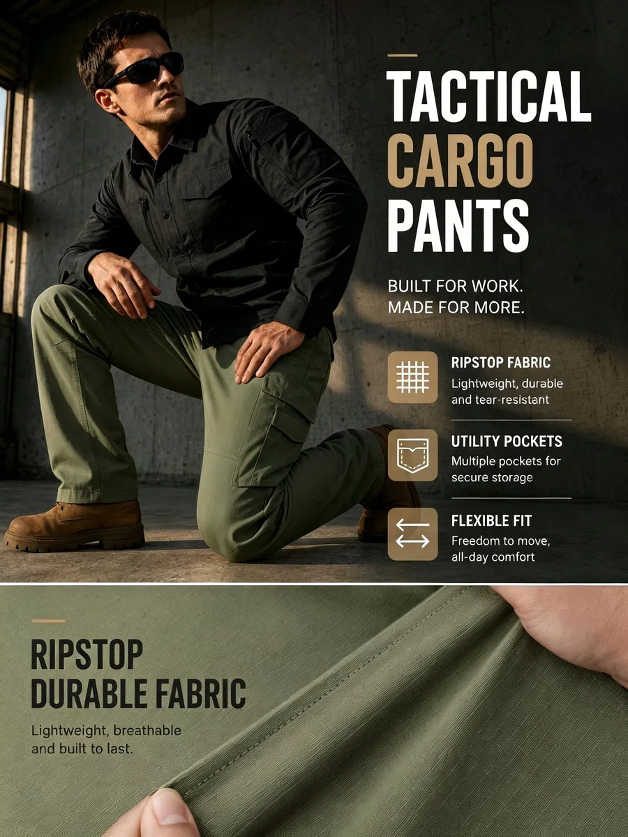 ZITY Pantaloni Cargo Uomo Tattici Ripstop con Multi Tasche, Pantaloni Outdoor da Lavoro per Trekking Escursionismo e Uso Quotidiano