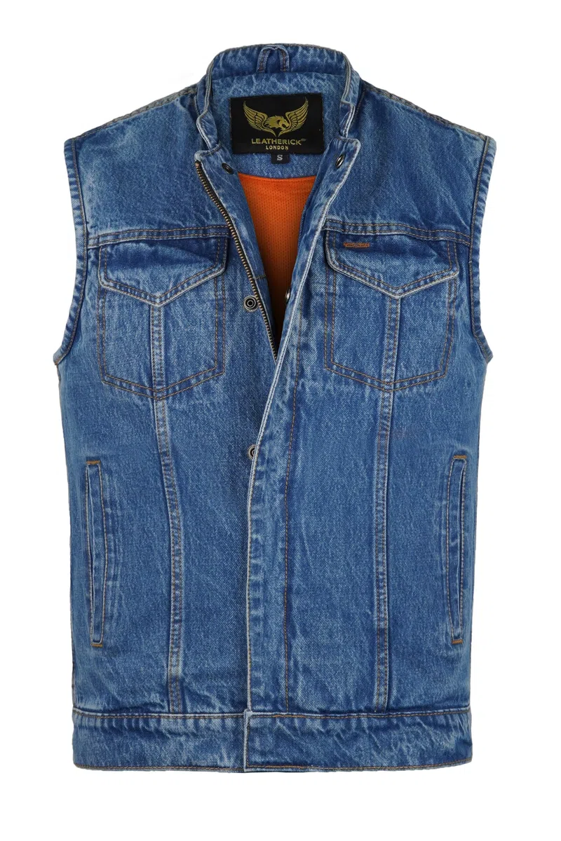 Leatherick Gilet da motociclista da uomo in denim pesante con interno traspirante, gilet da motociclista a doppia chiusura con tasche per il trasporto nascoste (IT, Testo, 3XL, Regular, Regular, Blu)