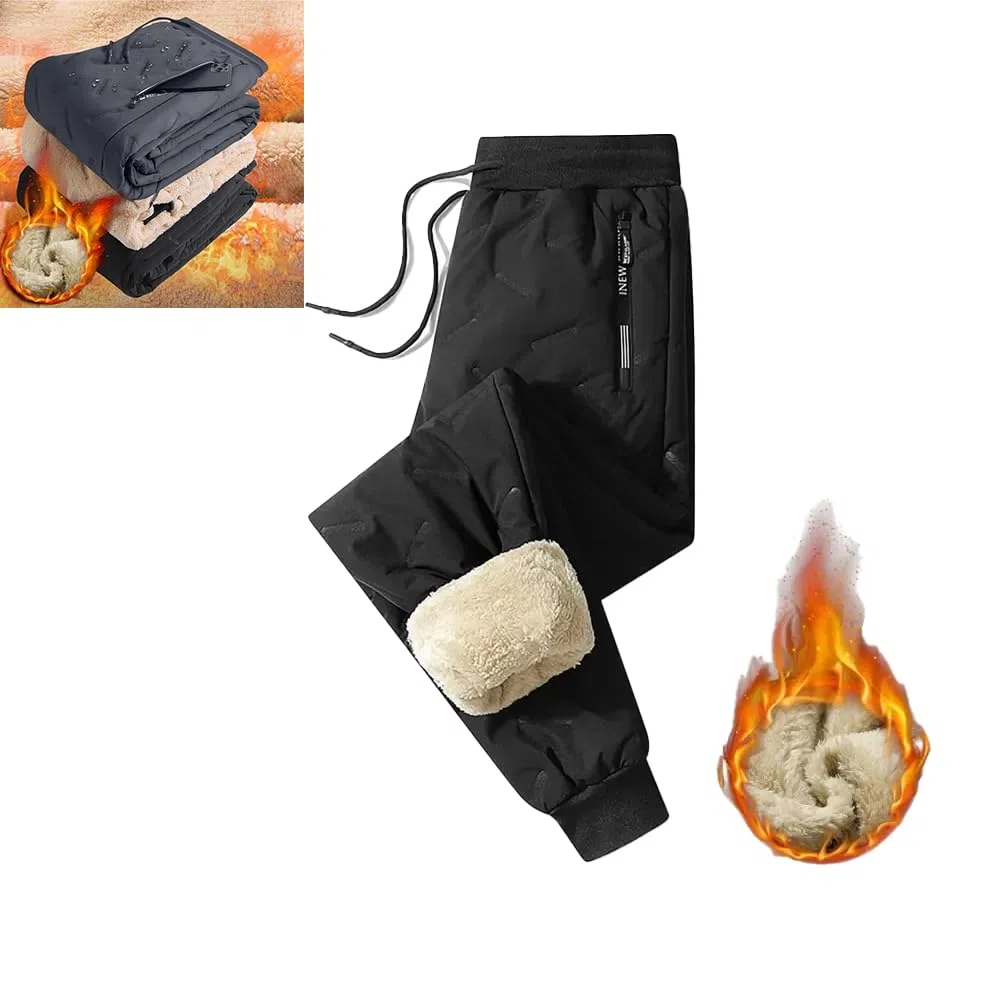 Pantaloni impermeabili foderati in pile da uomo e da donna,pantaloni termici invernali in lana d'agnello pantaloni casual pantaloni impermeabili antivento in cotone caldo (Black-b,Large)
