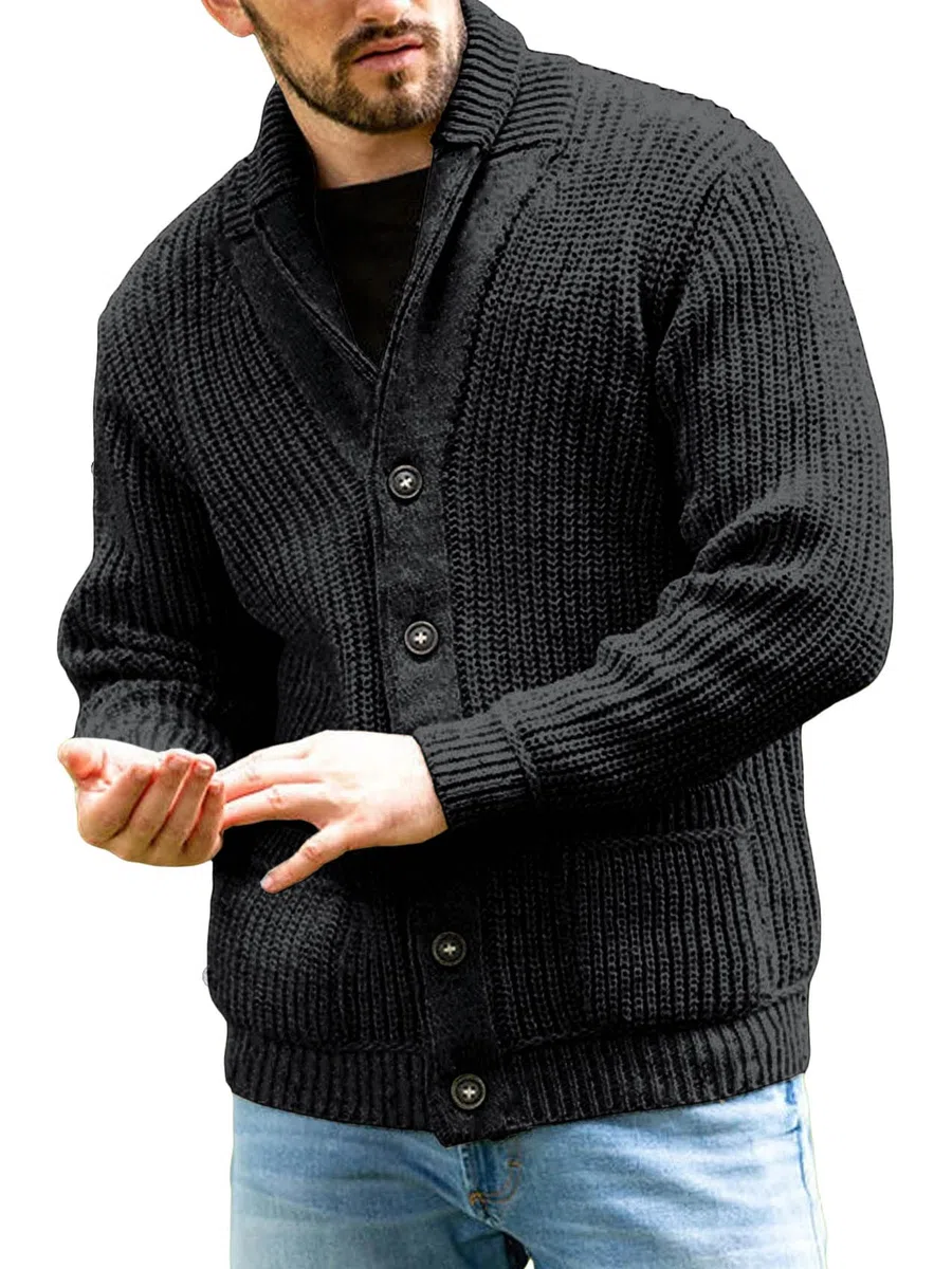 Runcati Cardigan da uomo a maglia grossa, casual, collo sciallato, a maniche lunghe, abbottonatura