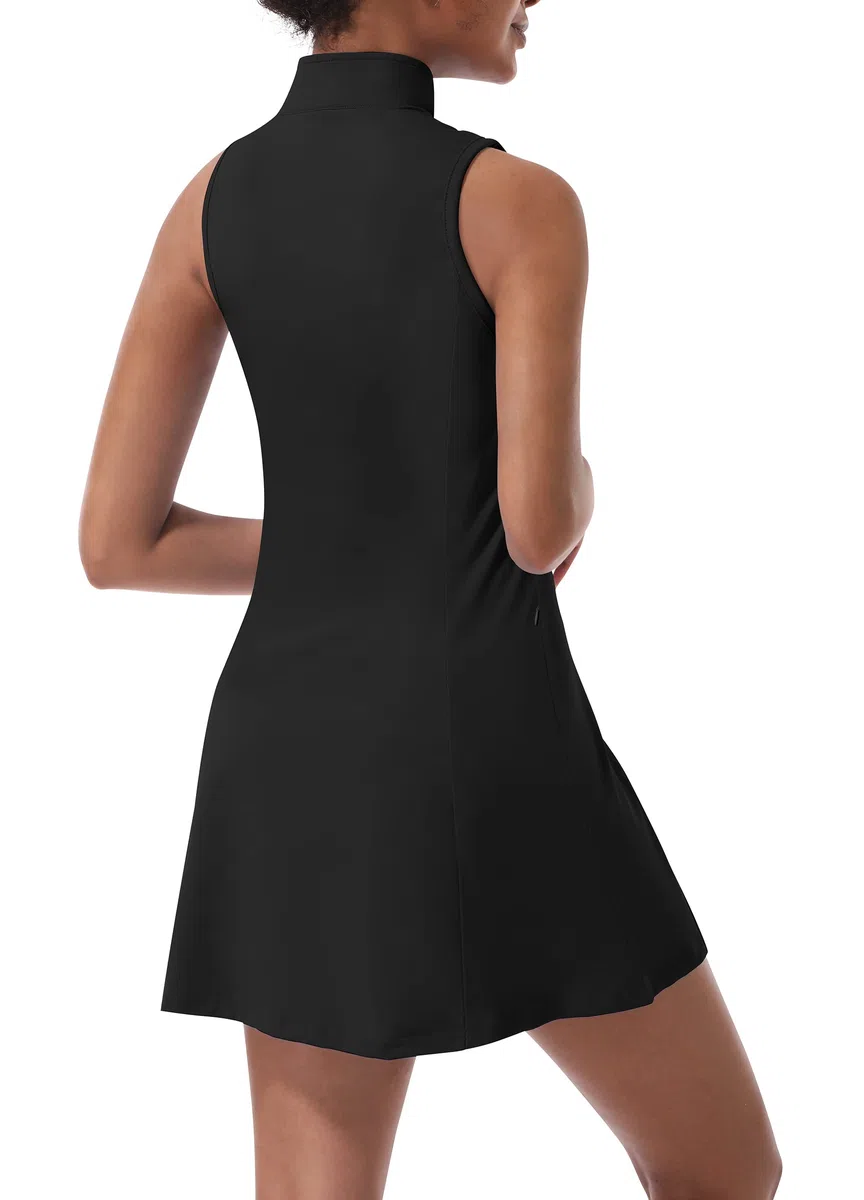 Abito da tennis da donna, abito da tennis e golf, con pantaloncini integrati e tasche, per allenamento senza maniche