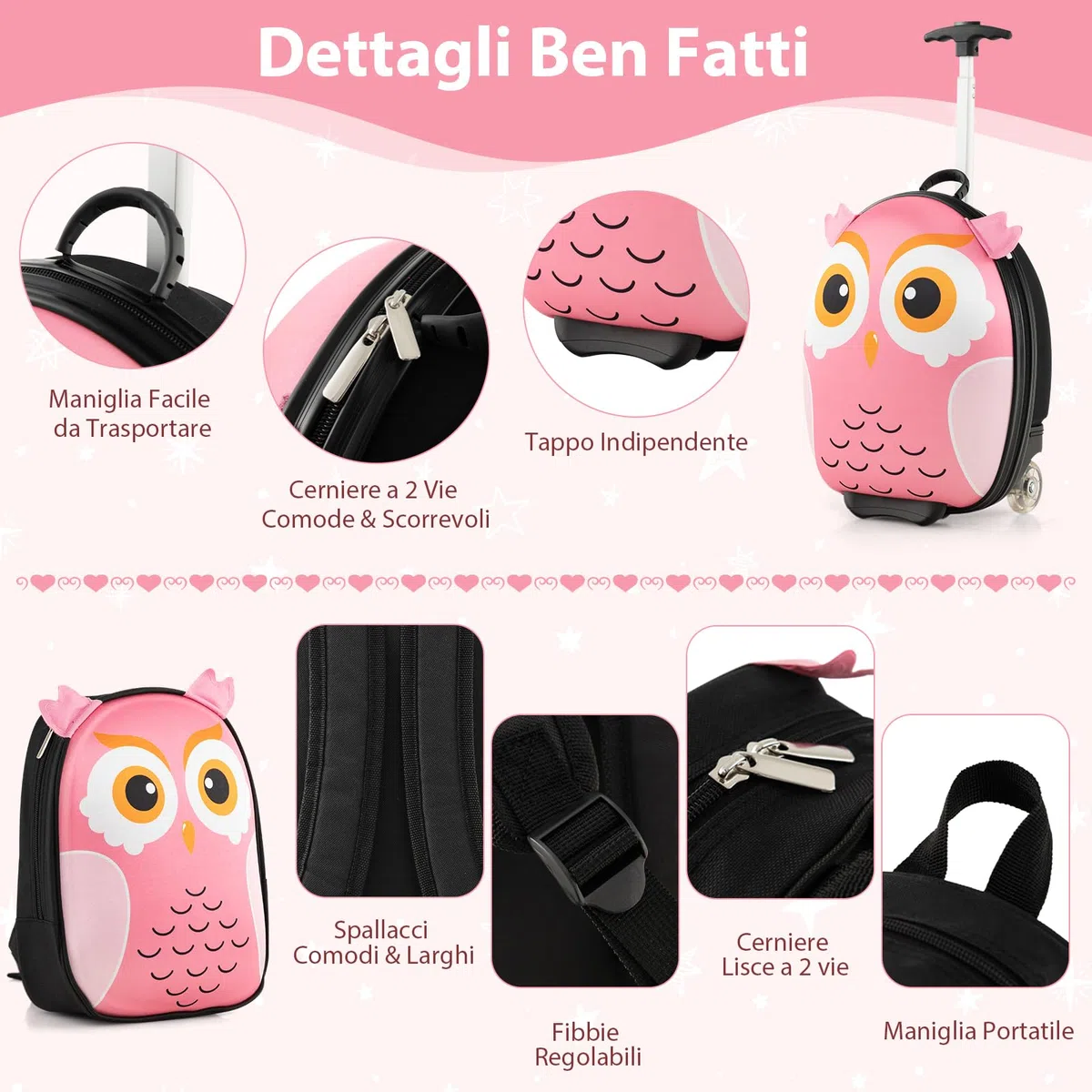 COSTWAY Set di Valigia per Bambini, 16" Valigia+ 12" Zaino, 2 Pezzi, con Ruote e Maniglia Retrattile, Ideale per Viaggiare in Modo Comodo e Divertente (Modello 2)
