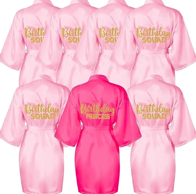 MALLOOM Set di 7 accappatoi kimono per bambina, abito da bagno in raso per bambini, con cintura, per spa, matrimoni, feste (rosa)