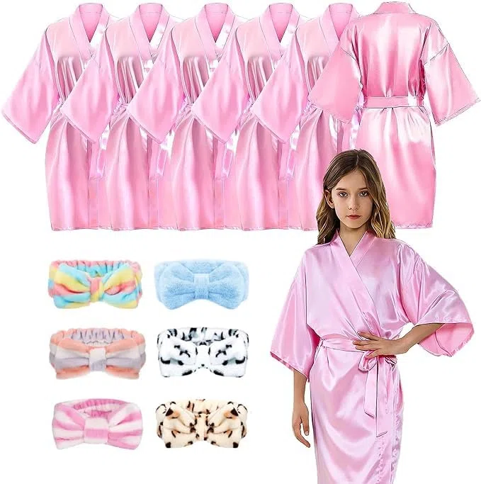 MSYU Set di 12 accappatoi kimono in raso rosa con fasce per la cura della pelle, per saloni, matrimoni, feste di compleanno, taglia 8, rosa, 130