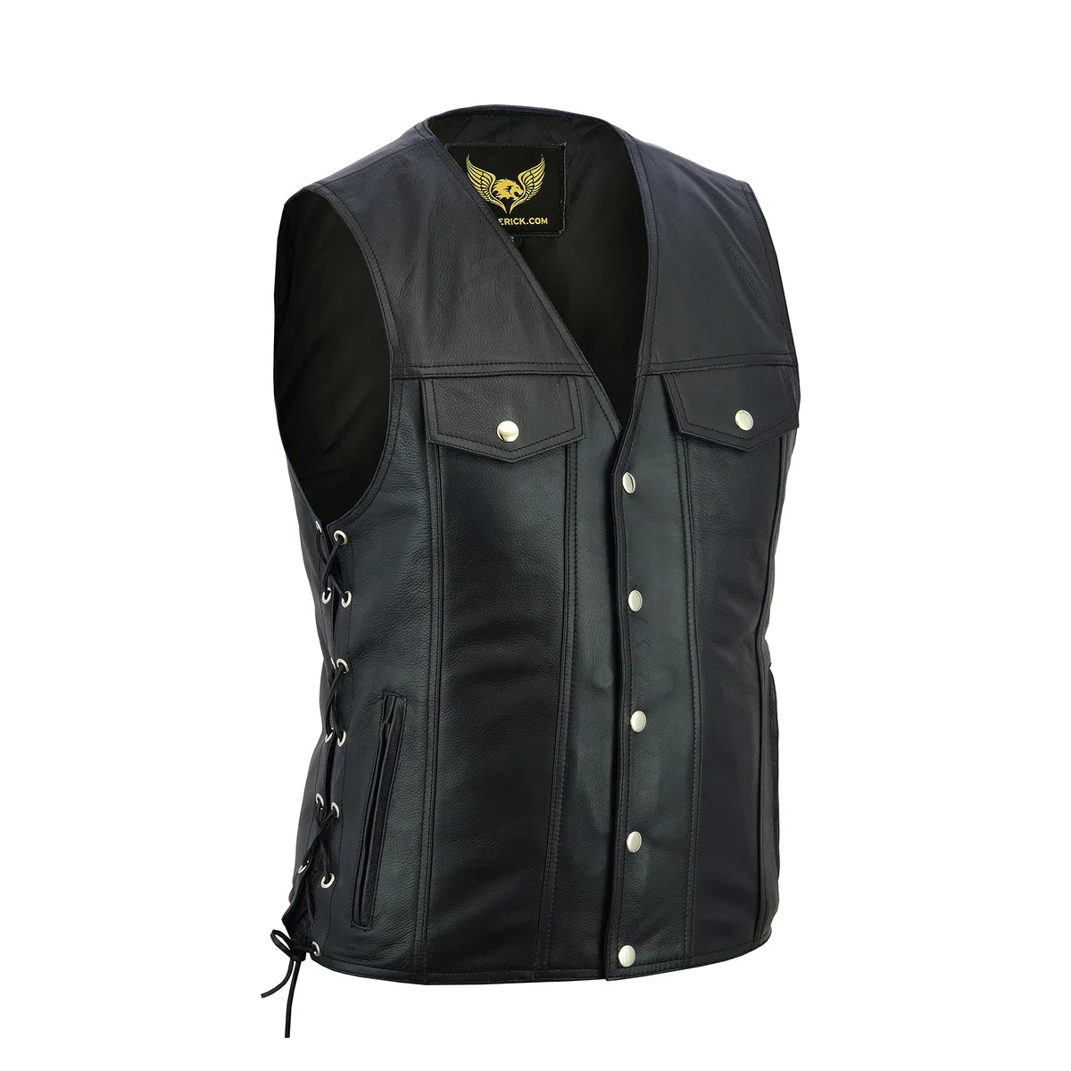 Leatherick Gilet da motociclista unisex, in vera pelle, con lacci laterali e bottoni cromati, stile denim