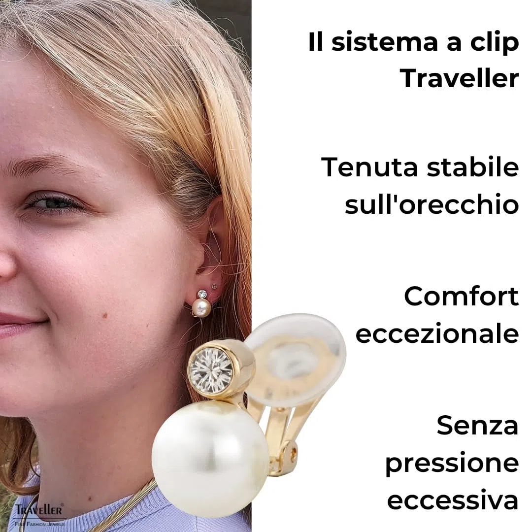 Traveller Orecchini a clip - Senza piercing all'orecchio - Perla 10 mm - Bianco - Cristallo - 15x10 mm
