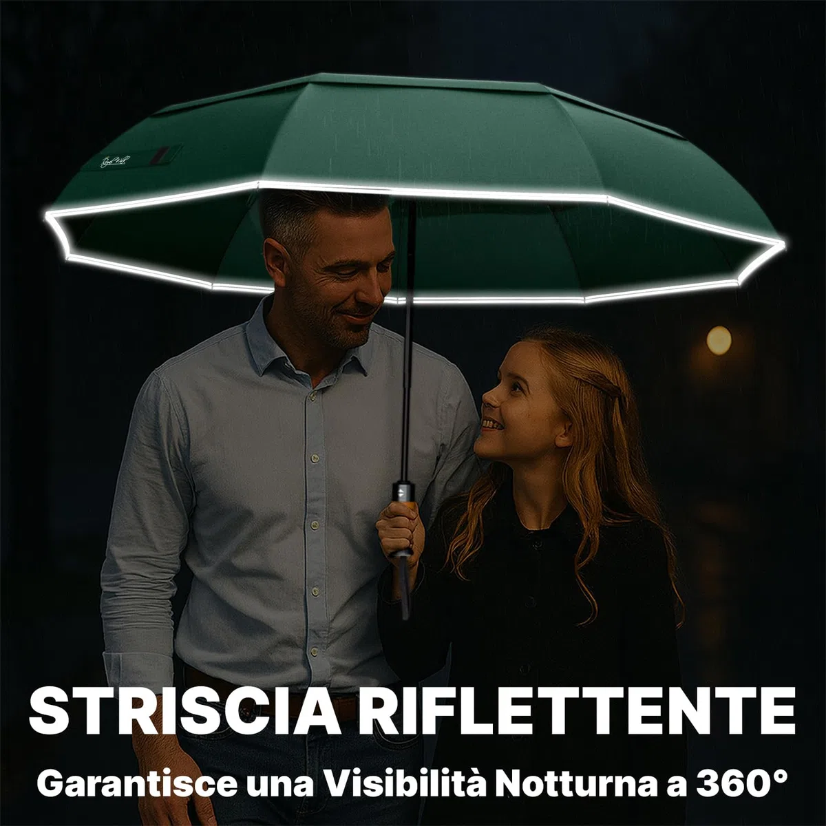 Royal Walk Ombrello da viaggio pieghevole antivento, compatto e resistente, con manico in vero legno, apertura automatica, chiusura automatica, doppia tettoia per uomini e donne, Verde scuro, L,