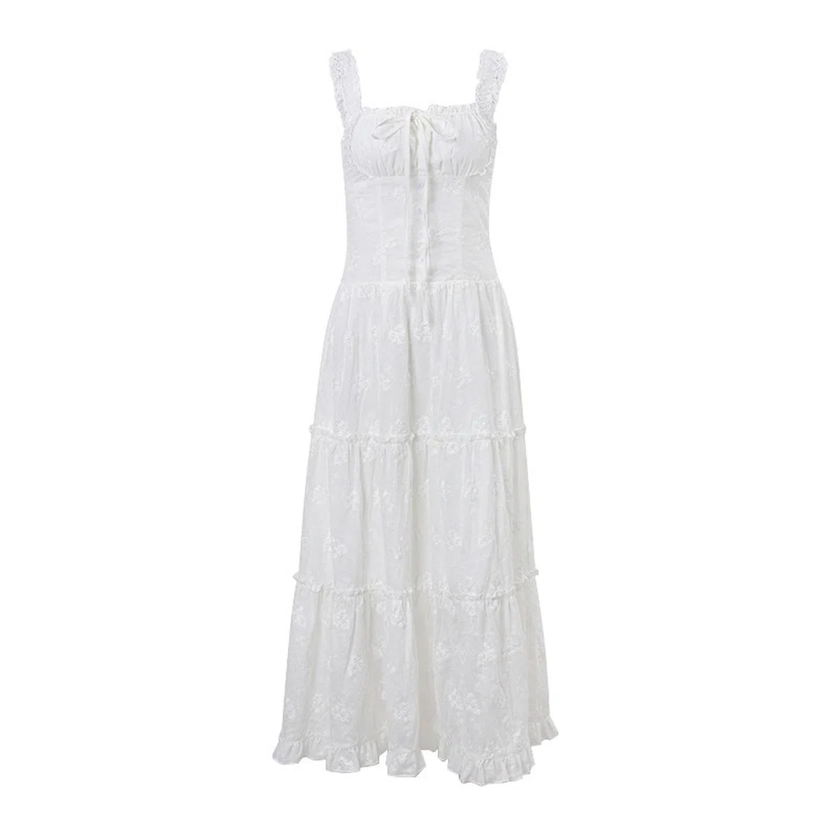 Abito Bianco Slim con Gonna Lunga Dolce Estiva da Donna con Ricamo in Vita - Bianco - M