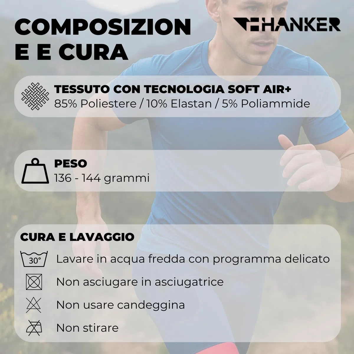 HANKER Maglia corta a compressione da uomo con tessuto termoregulatore, ampie tasche e cuciture piatte. Ideale corsa e trail running
