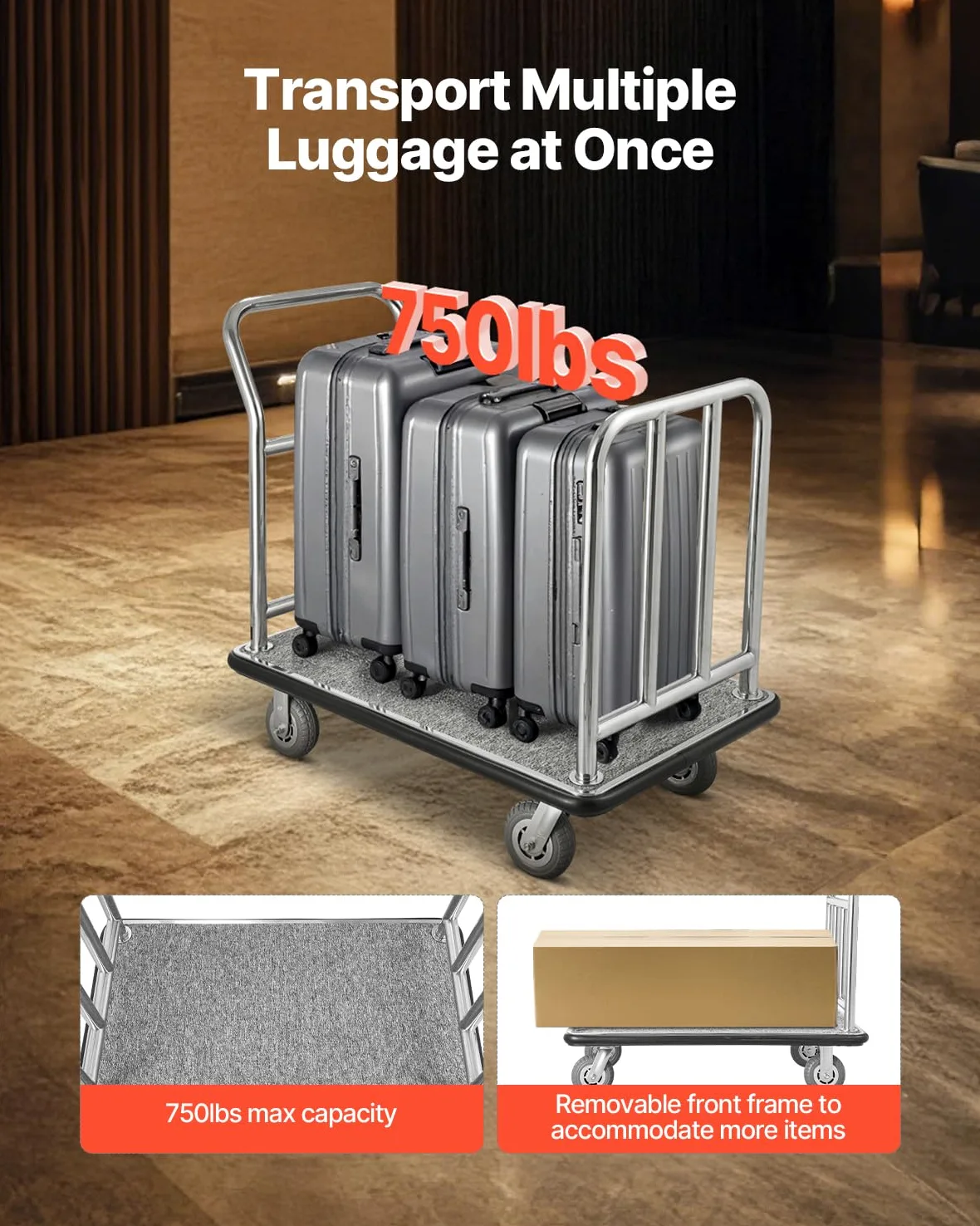 VEVOR Carrello Portavaligie per Hotel, Carico 340 kg Carrello Trasporto Portavaligie con Telaio Anteriore Rimovibile, Ponte in Moquette Grigia e Ruote in Gomma 152,4 mm per Hotel, Condomini, Resort