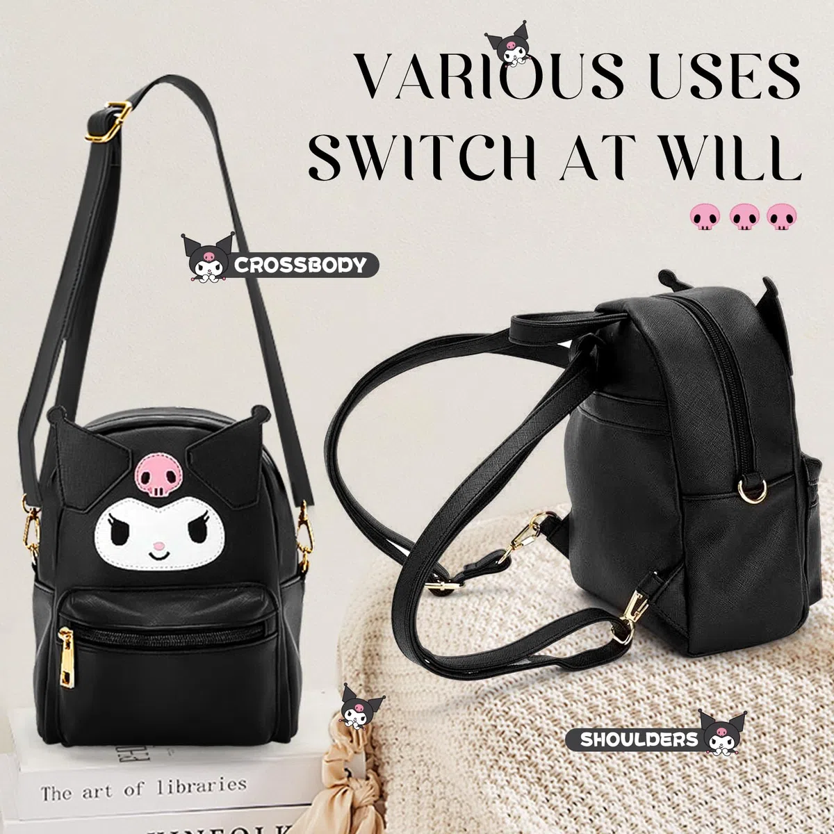 Kuromi Zaino Kawaii Kuromi pelle PU Accessorio per borse plastica My Melody, Sanrio per ragazze con piccola borsa carina Kitty Nero