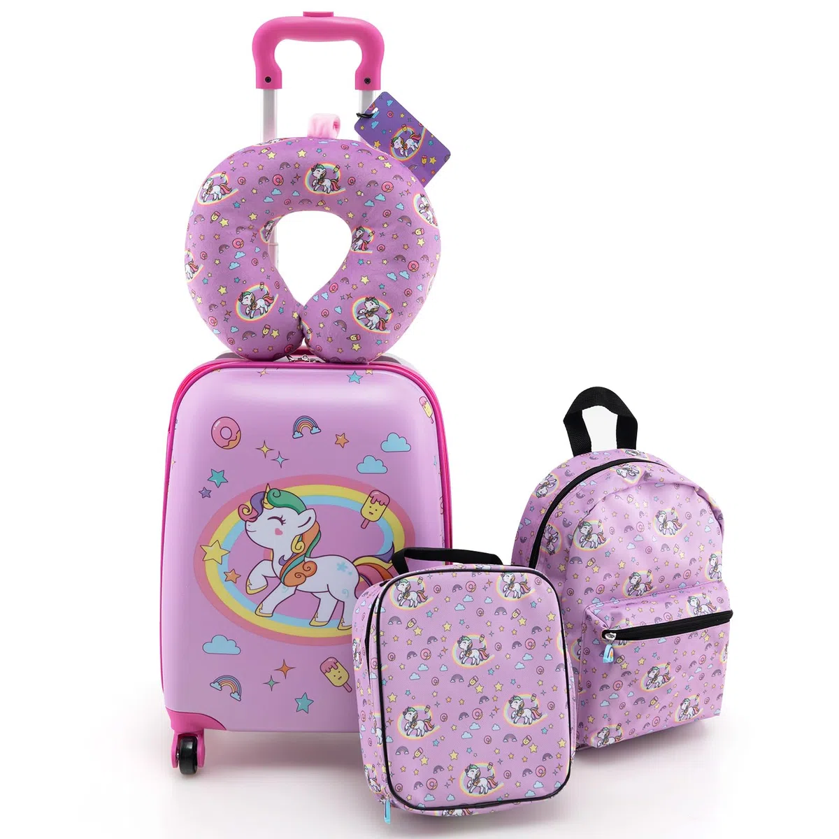 COSTWAY 5 Pezzi Valigia per Bambini, Valigia con ManicoTelescopico da 16" con 13" Zainetto, Cuscino per Il Collo, Etichetta per Bagaglio, Borsa per Il Pranzo, con Ruote Girevoli a 360 ° (Modello 1)