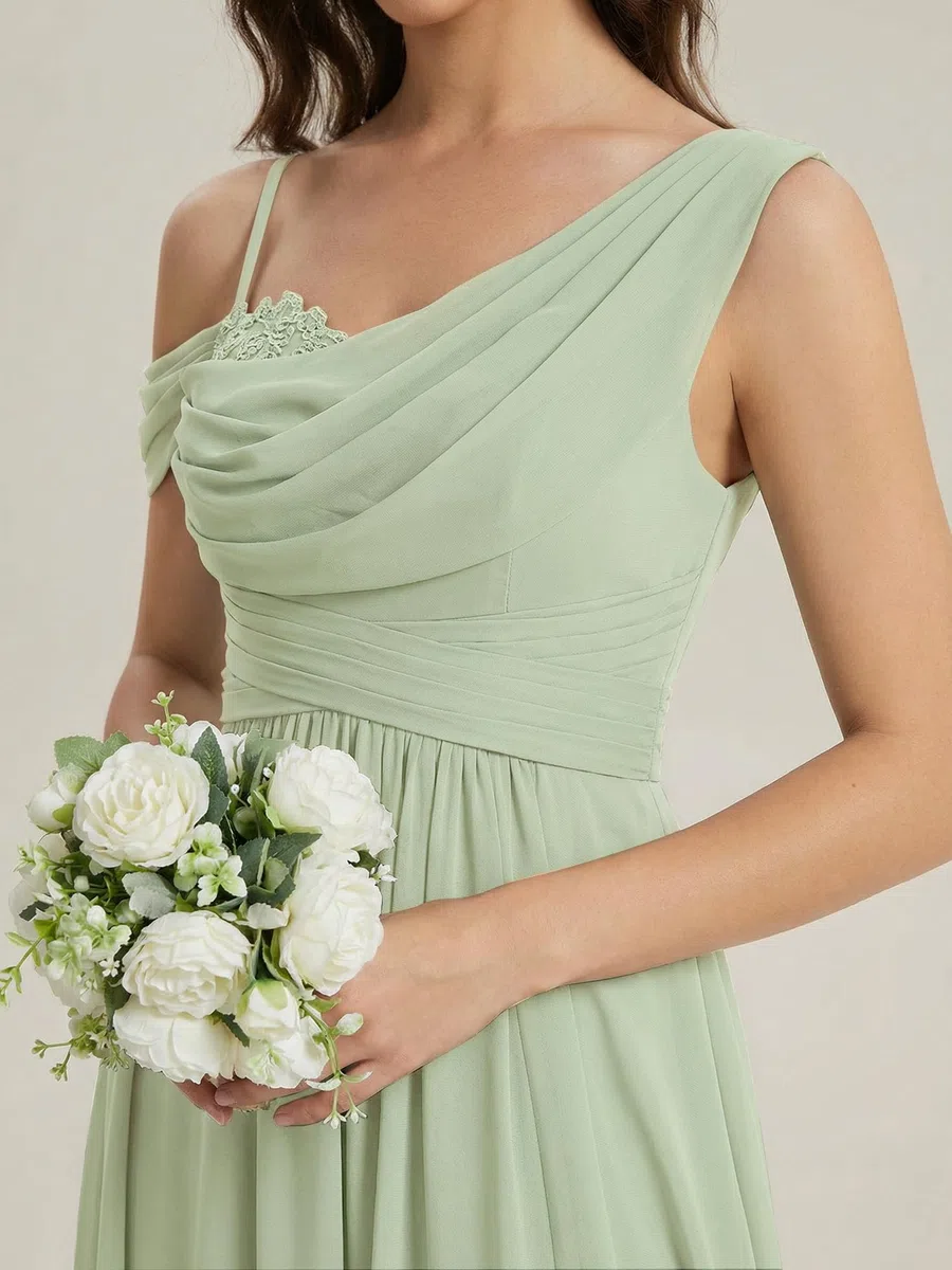 Ever-Pretty Abiti da Damigella Collo Asimmetrico Maniche Corte Chiffon Maxi Gonna Svasata ES02663