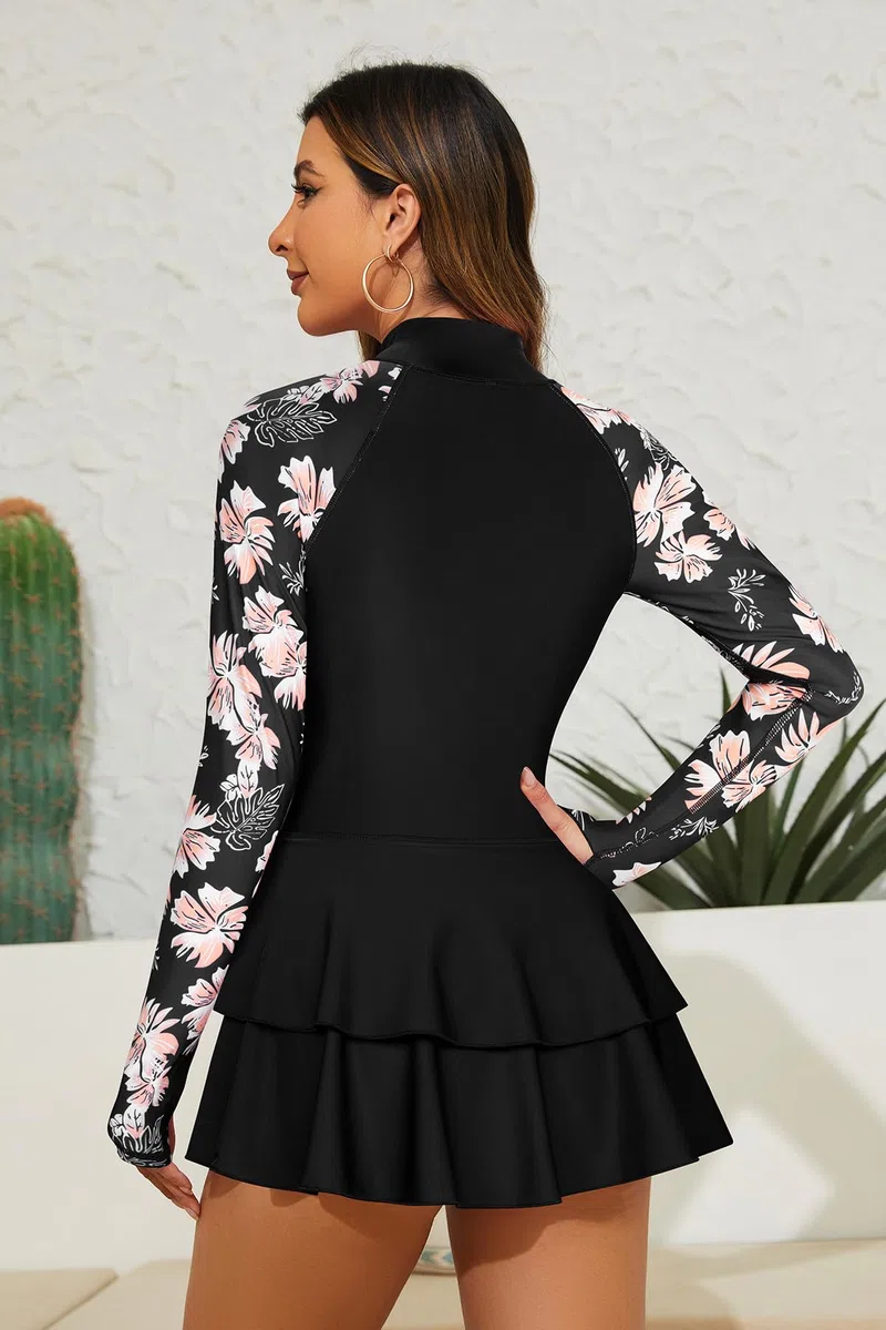 SHEKINI Costume da bagno da donna Rash Guard a maniche lunghe con chiusura lampo, costume da bagno intero con fori per i pollici