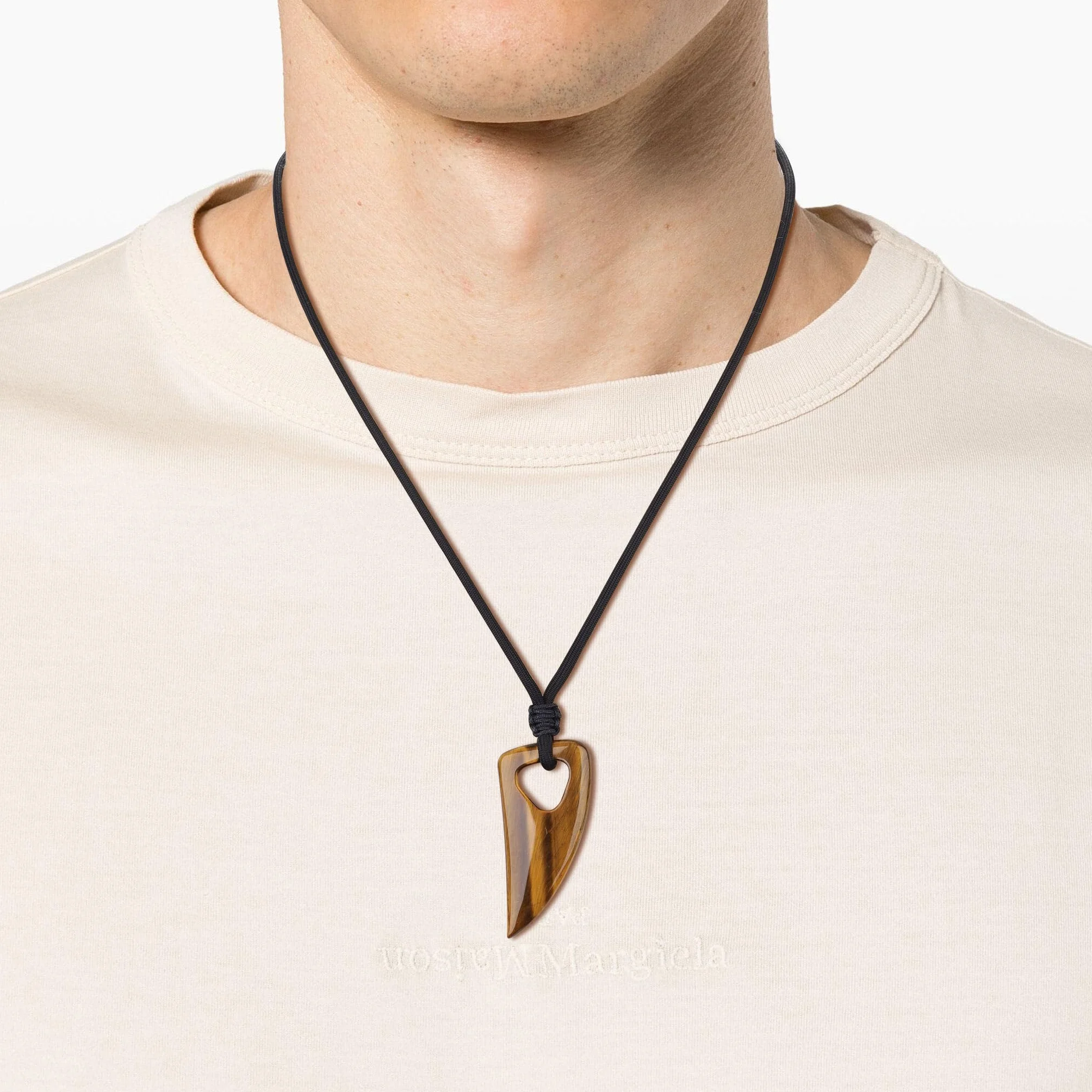 Pendente Dente di Lupo Stilizzato in Pietre Naturali, Collana Unisex con Laccio Regolabile, Occhio di Tigre, Ossidiana