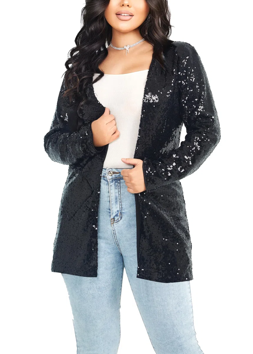 Ladies Glitter Giacca Glitter Blazer Elegante Frontale Aperto Maniche Lunge Glitter Cardigan Festiva Giacca a Maglia Party Club
