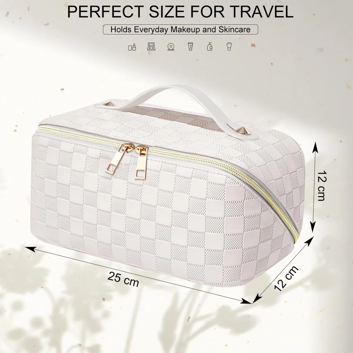 Beauty Case Donna,Trousse Trucchi Donna Borsa Cosmetica da Viaggio in Aggiornata Pelle PU,Borsa Porta Trucchi da Toilette Makeup Bag Organizer(Scacchi-Bianco)