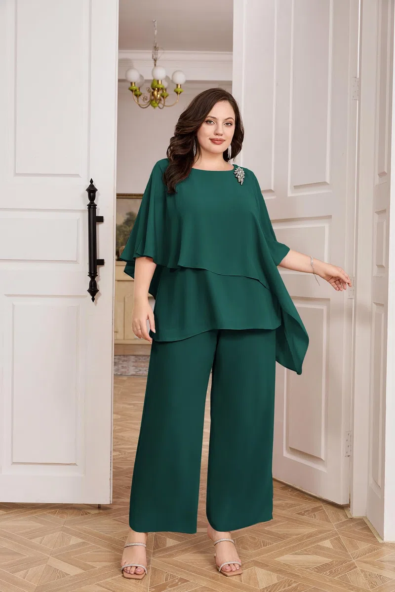 Hanna Nikole Plus Size Madre della Sposa Pantaloni Abiti 2 Pezzi Chiffon Set Increspature Strati di Matrimonio Guest Outfit