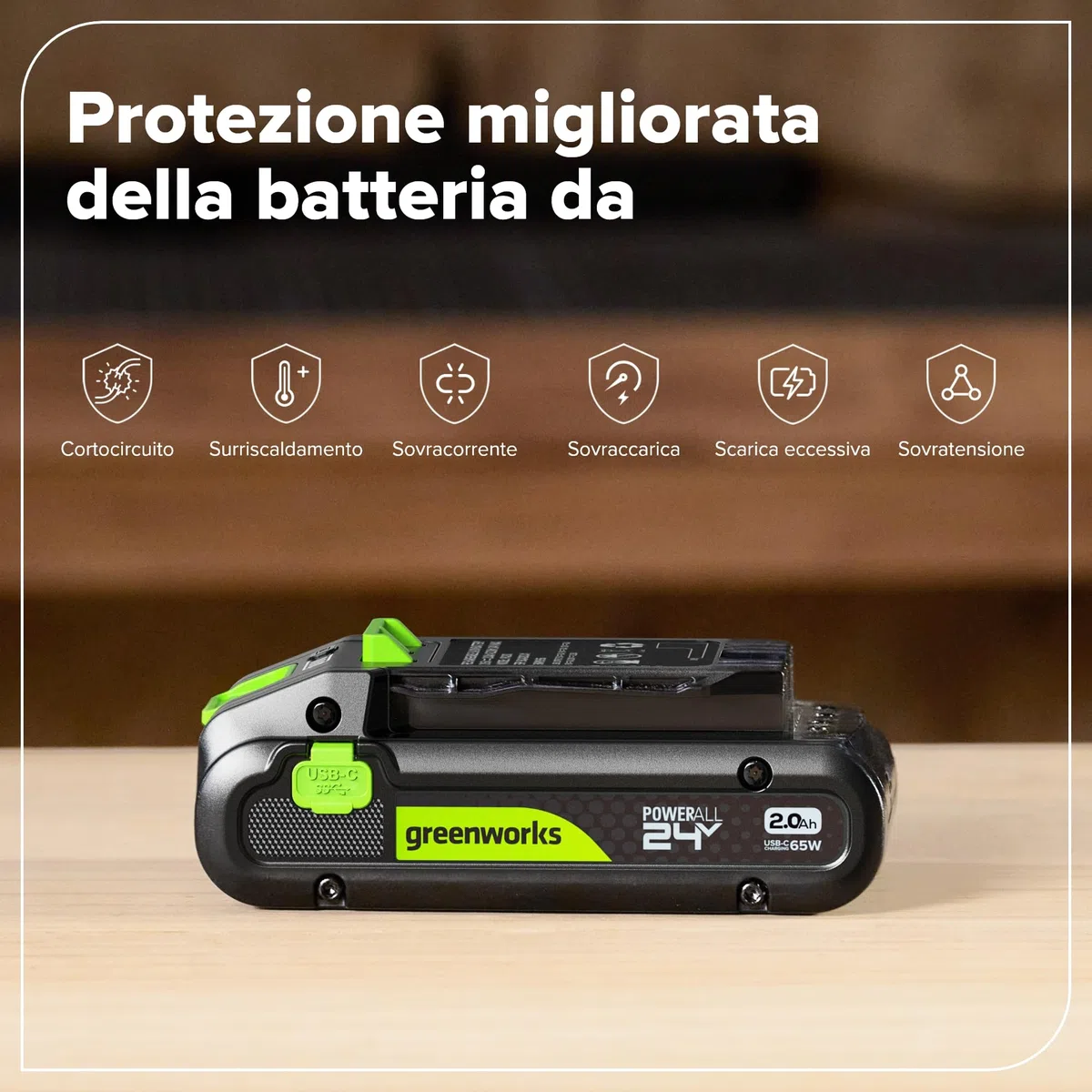 Greenworks 24V 2,0 Ah Batteria con Porta USB-C Ricaricabile agli Ioni di Litio ad Alte Prestazioni Compatibile con Tutti gli Oltre 200 Utensili Greenworks da 24V,Garanzia di 2 Anni - PA200