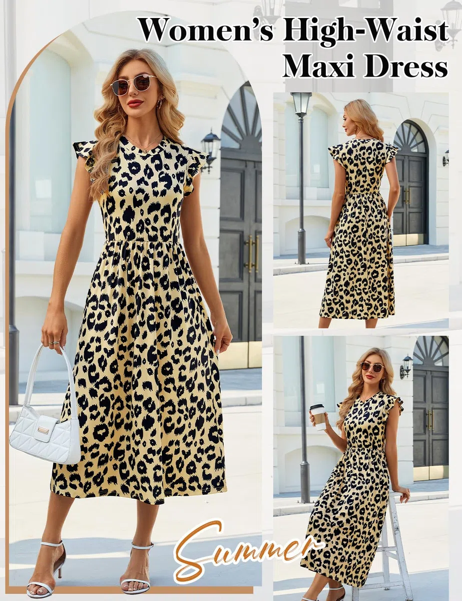 HEEKPEK Abito Estivo Donna Eleganti Chic Lungo Vestiti Scollo a Rotondo Maniche Ruffles Casual Stampa Vestito Abiti Boho Mare Spiaggia con Tasca