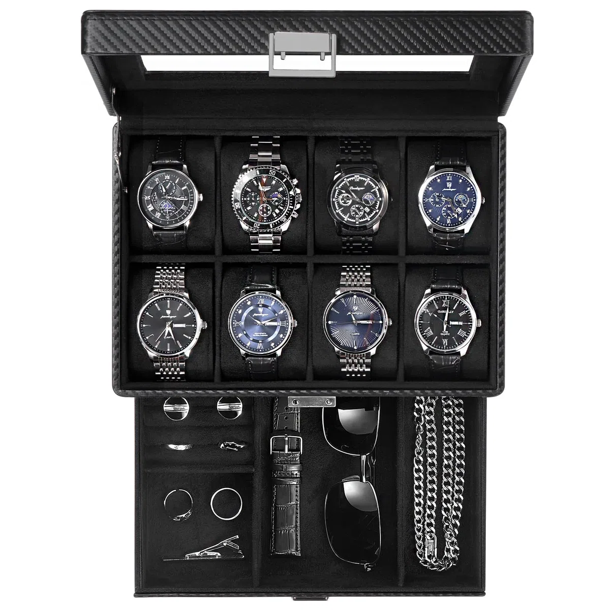 ProCase 8 Slot Scatola Orologio per Gli Uomini, Gioielli Organizzatore Scatola con Cassetto, Mostra Custodia con Coperchio di Vetro -Tutto Nero