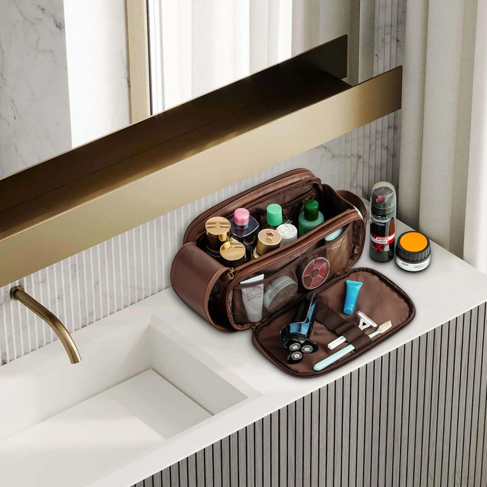 Elviros Borsa da Toilette Uomo Impermeabile in PU, Beauty Case Grande per Viaggio con Organizzatore, Borsa Igiene Personale per Palestra e Lavoro, Marrone scuro, 24 * 14 * 14cm