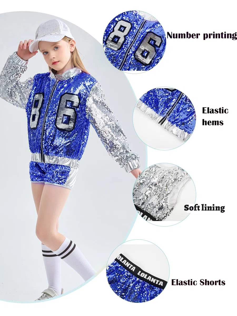 LOLANTA 4 Pezzi di Ragazze con Paillettes Costume da Ballo per Bambini Hip-Hop Stree Abiti da Ballo Set Calze attaccare, 4-15 anni