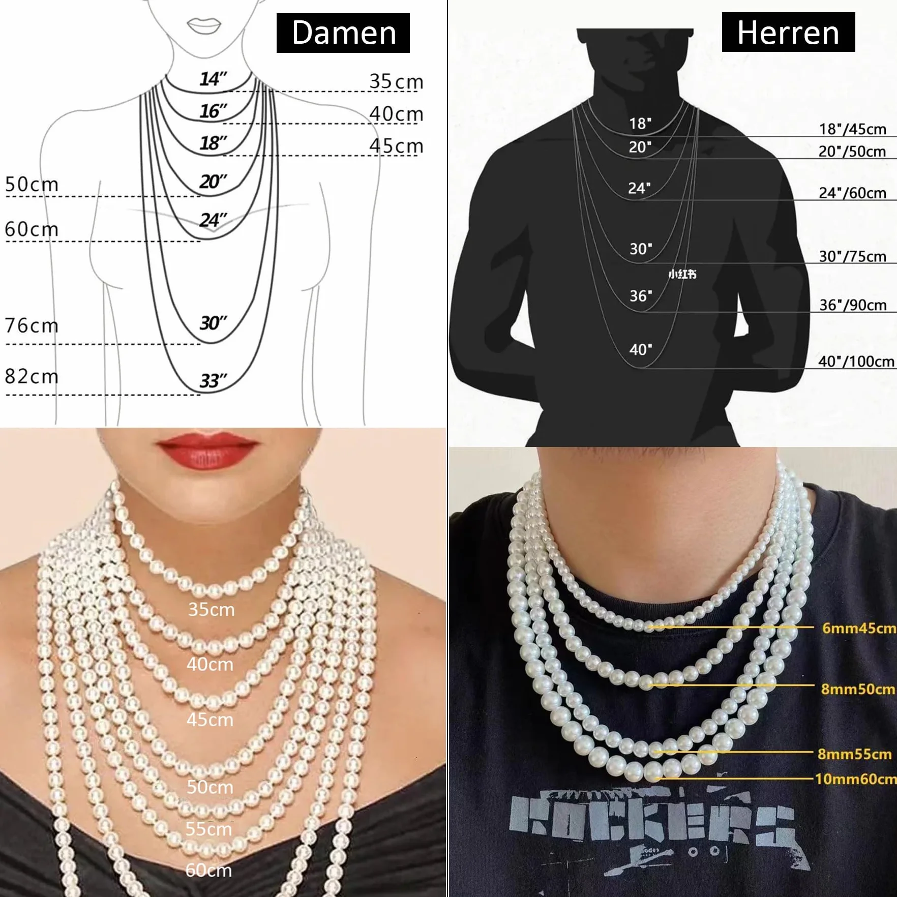 Candyfancy Collana di perle da uomo con perle bianche e rotonde, 40/45/50/55/60 cm, collana lunga con perle bianche per uomini, donne e ragazze, regali di perle 6/8/10 mm