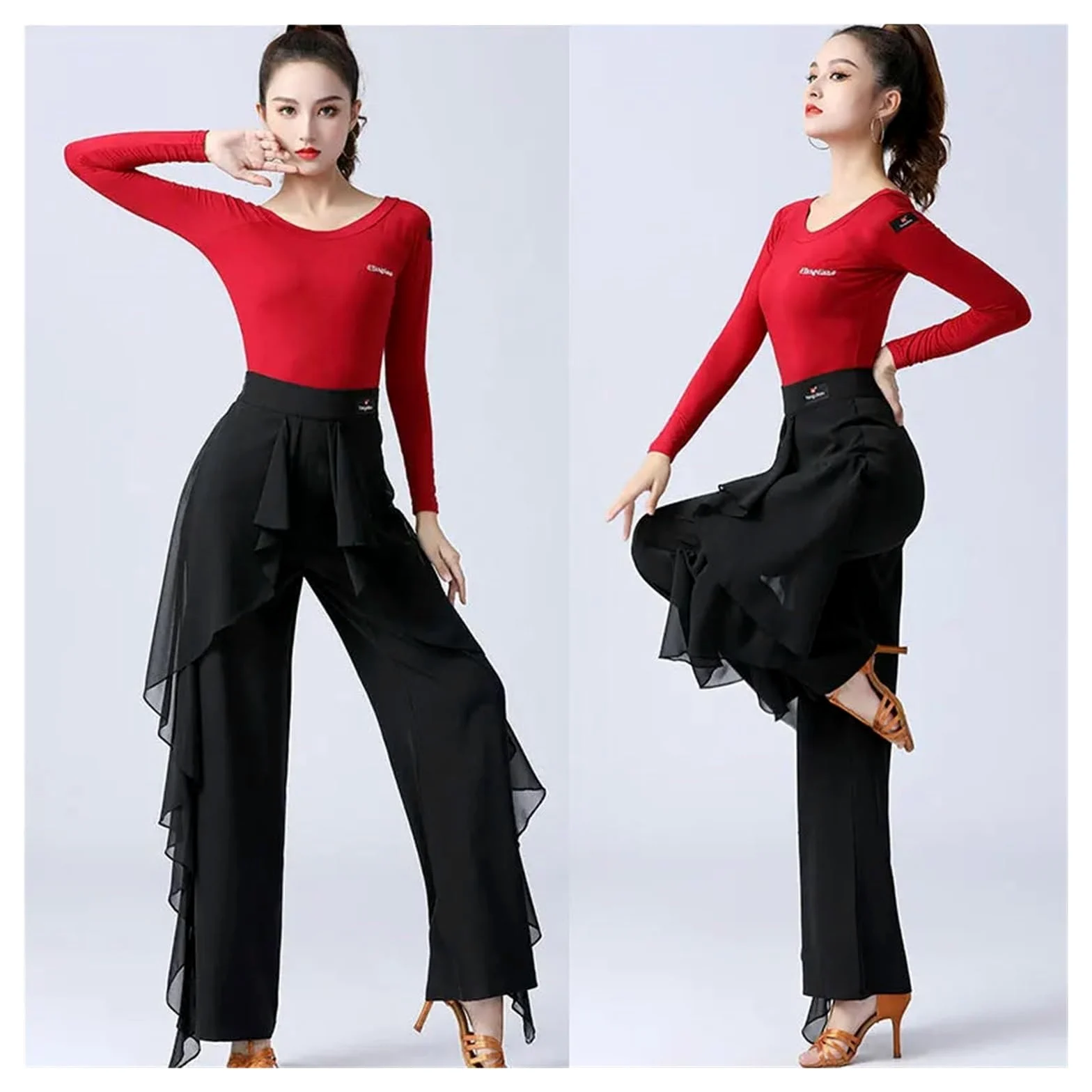 Pantalone Donna Elegante Pantaloni da Ballo Latino for Donna, Moderno, a Vita Alta, con Volant, Sala, Tango, for esibizioni e Prove