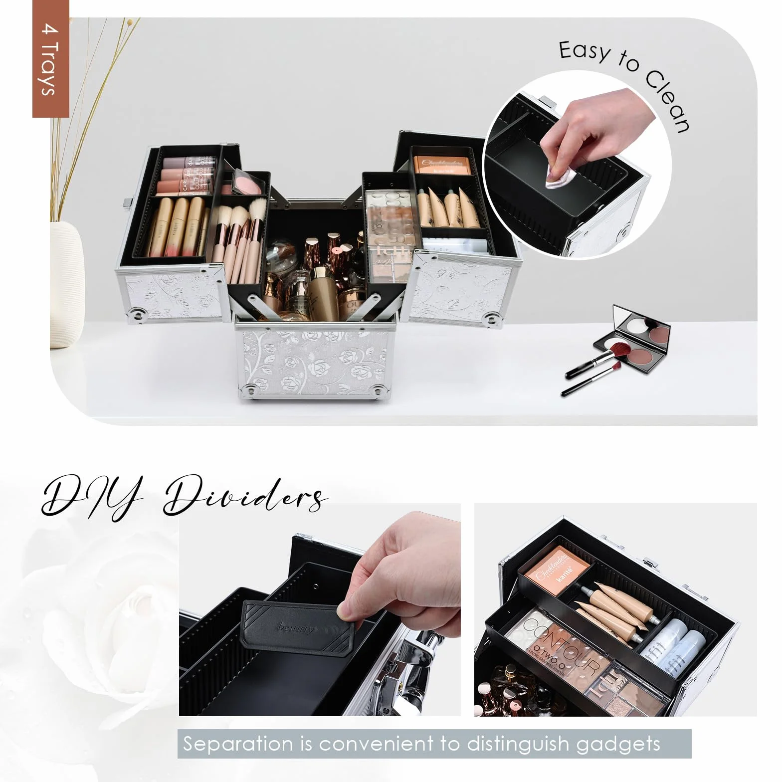 Valigetta Trucchi Valigetta Per Cosmetici Valigia Trucchi y 4 Vassoi Makeup Case Valigetta Unghie Beauty Case Cofanetto Organizzatore Trucco da Viaggio Professionale, Rosa d'argento