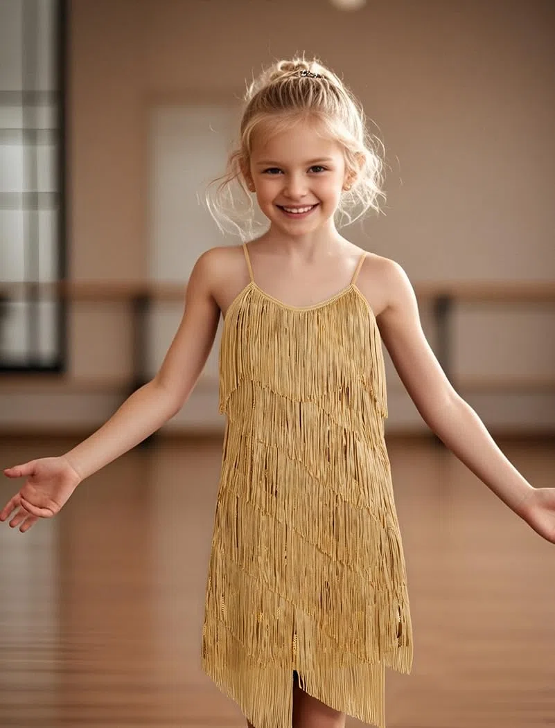 OMEWEE Vestito da bambina con paillettes nappa, abito latino, senza maniche, con spalline sottili, frange, con brillantini, ballroom, feste, balletto, rumba samba cha cha, jazz