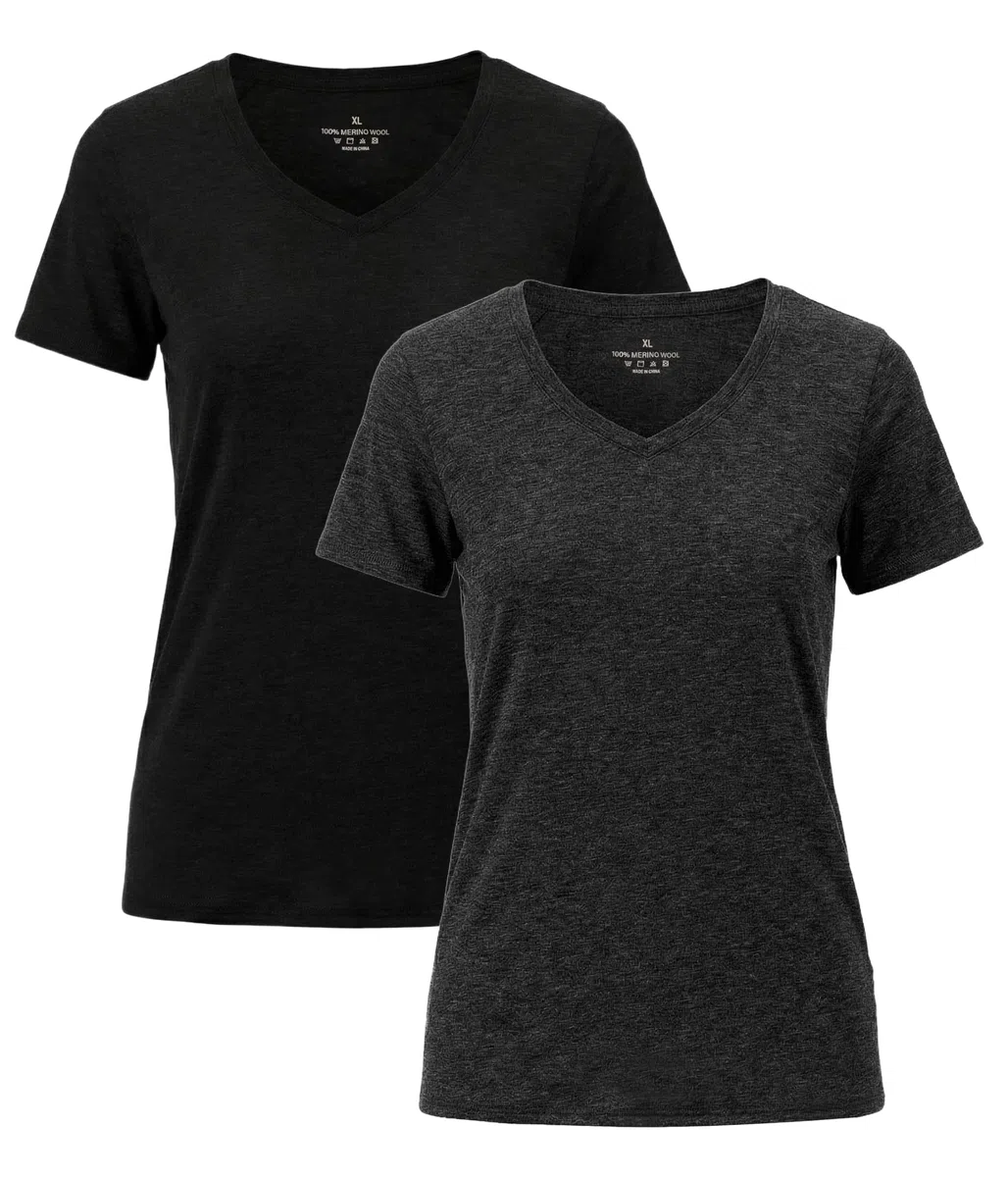 Confezione da 2 magliette da donna a maniche corte, in lana merino, scollo a V, leggere, termiche, traspiranti, strato base