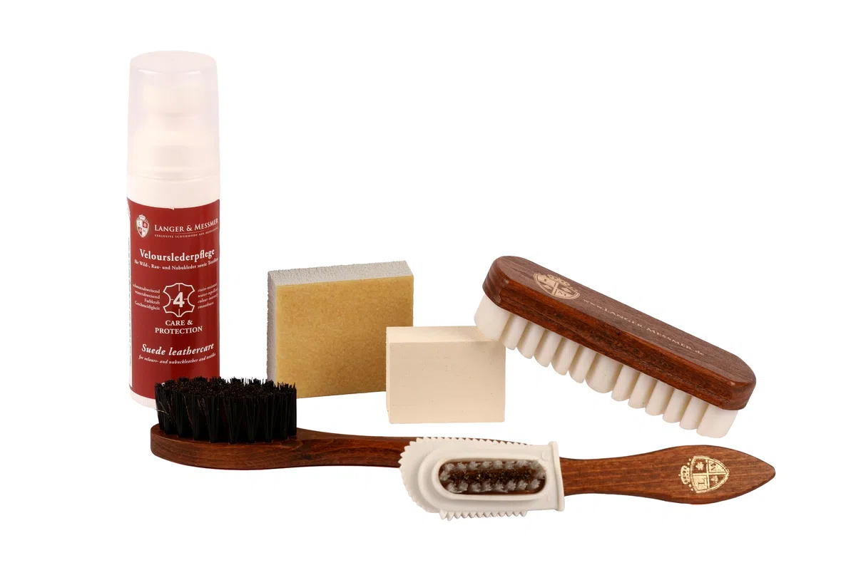 Langer & Messmer set per la cura delle scarpe in pelle scamosciata - kit per la cura delle scarpe con spazzole per nubuck e prodotti per il rinfresco del colore, la protezione e l'impregnazione