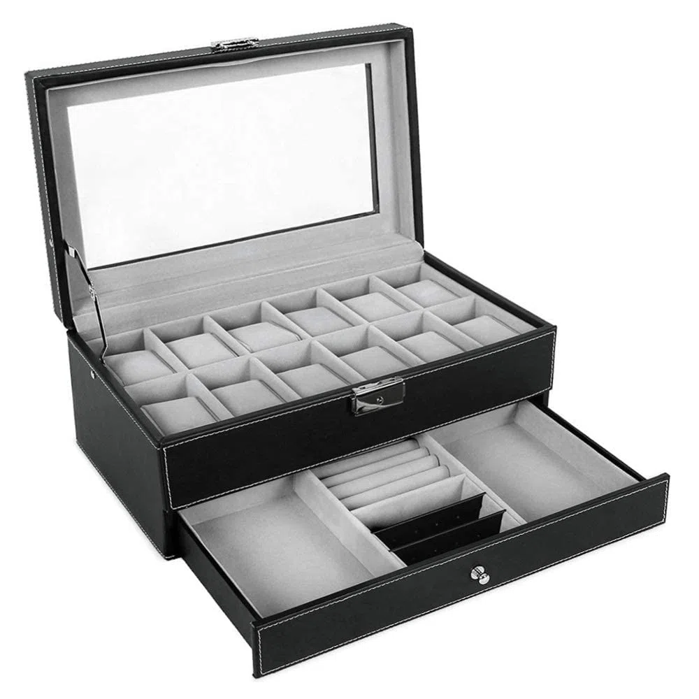 Maverton Cofanetto Porta Orologi e Gioielli con 12 scomparti e 1 cassetto - Custodia Orologi - Coperchio in vetro - Fodera in velluto - incisione personalizzata - regalo uomo - regalo di Natale - Vita