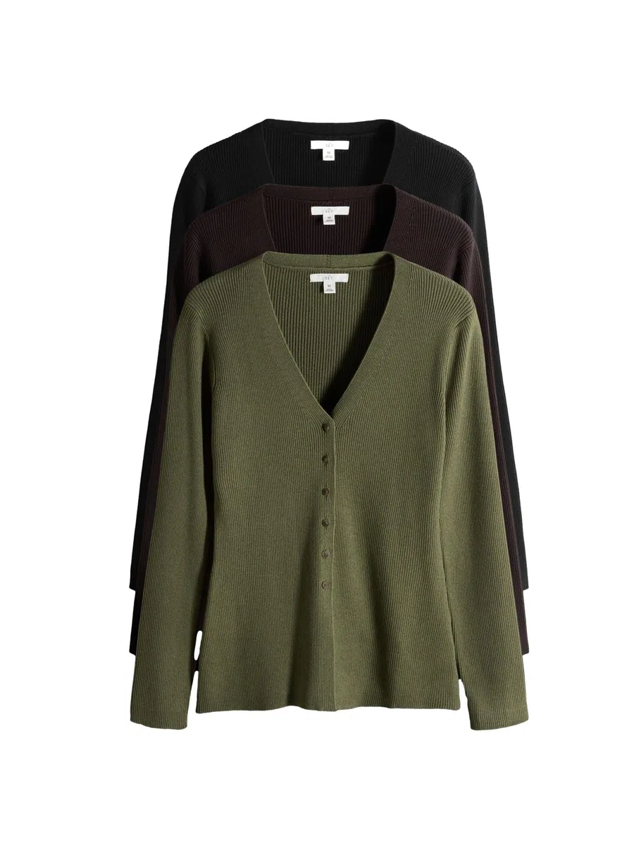 THE SET Donne Confezione da 3 Cardigan Eleganti in Maglia con Taglio Lungo, Scollo a V e Bottoni Alti in Vita