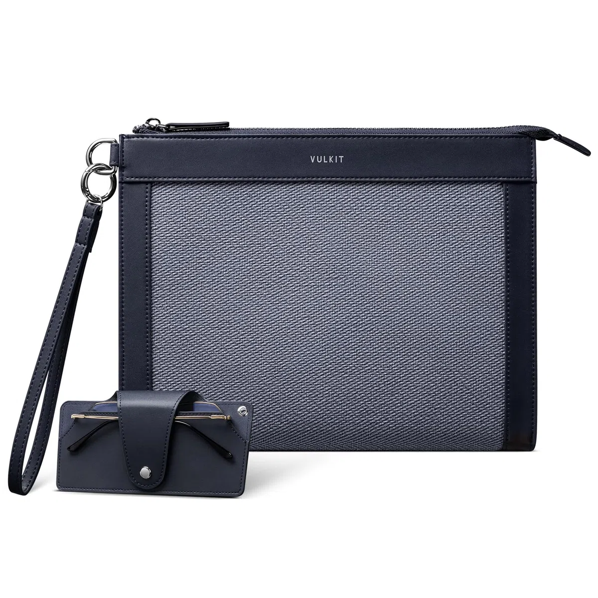 VULKIT Pochette da uomo con custodia per occhiali rimovibile, grande portafoglio da polso da uomo, borsa da lavoro, Blu navy