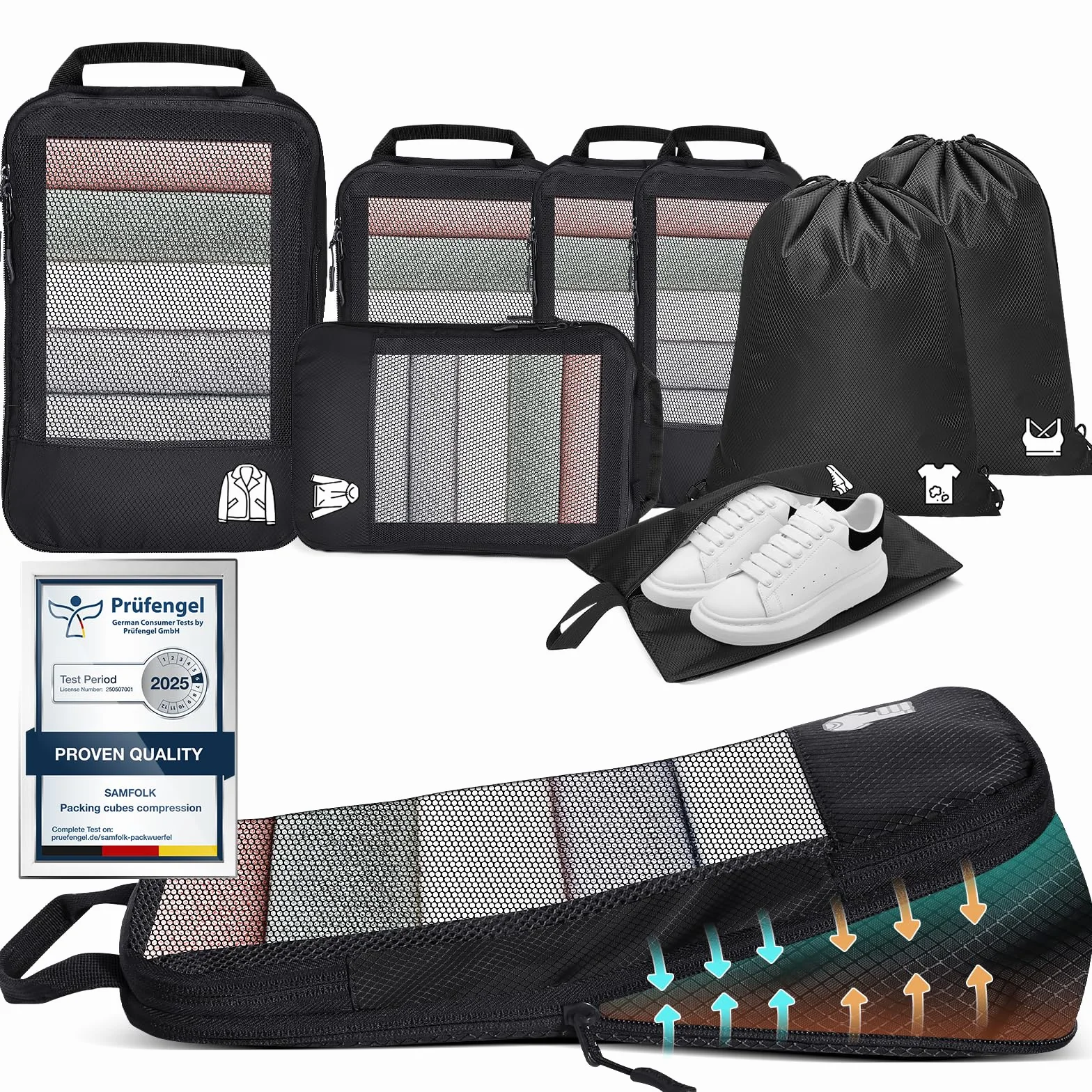 Organizer Valigia Compressione 8 Pezzi Packing Cubes Compression,Organizer Viaggio Salvaspazio Travel Accessori Nero