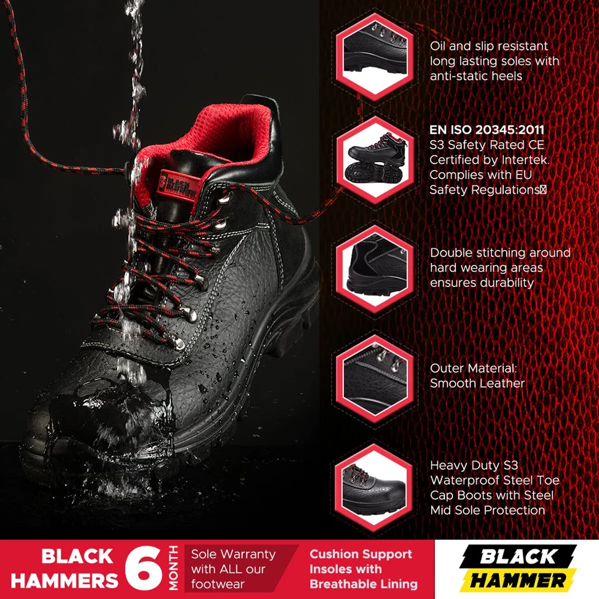 BLACK HAMMER Stivali Maschili in Pelle Scarpe Antinfortunistiche Impermeabili S3 SRC Scarpe da Lavoro in Pelle con Punta in Ferro Uomo 7777