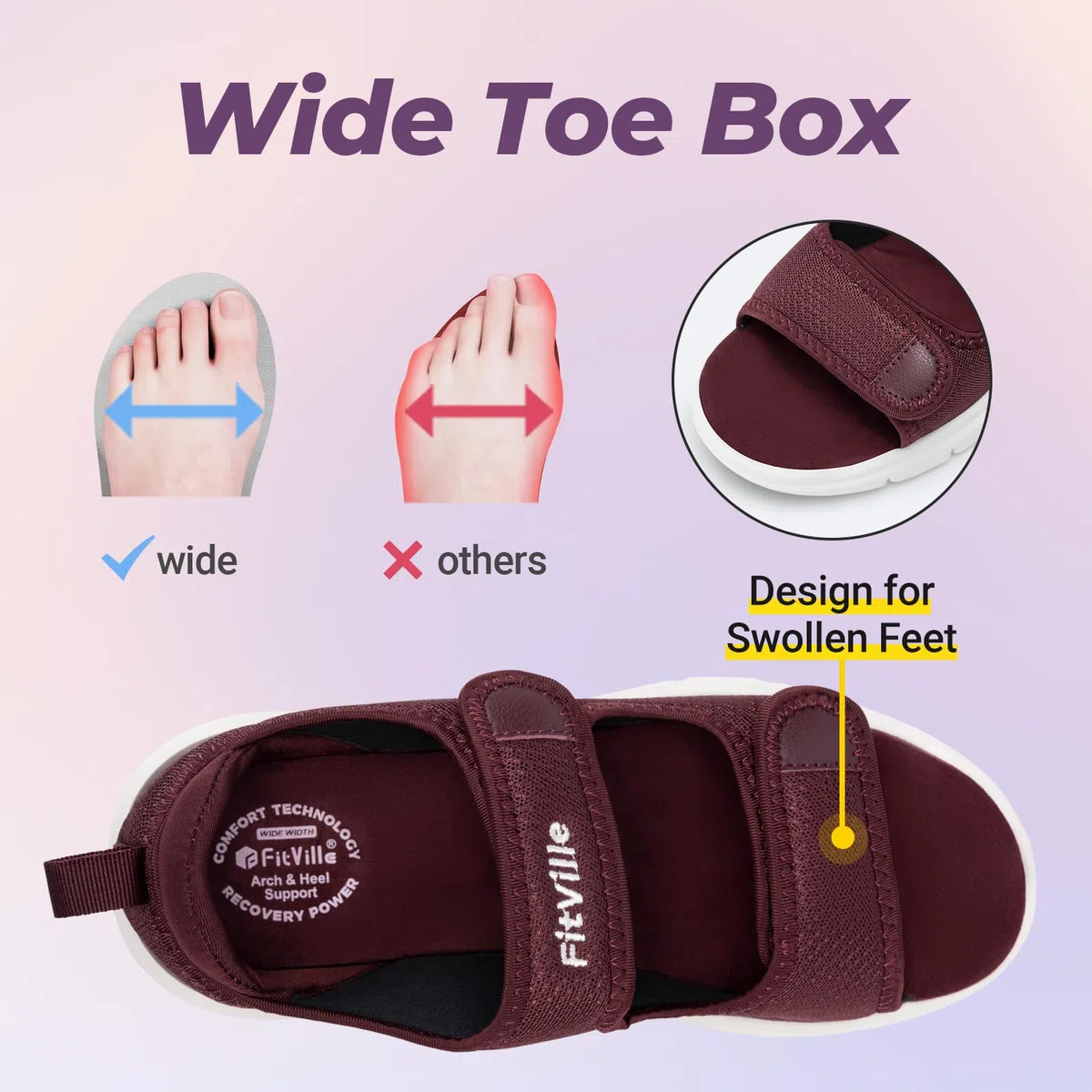 FitVille Sandali per Diabetici Donna Larghi Scarpe Ortopediche a Strappo Sandali Riabilitativi Apertura per Piedi Gonfi