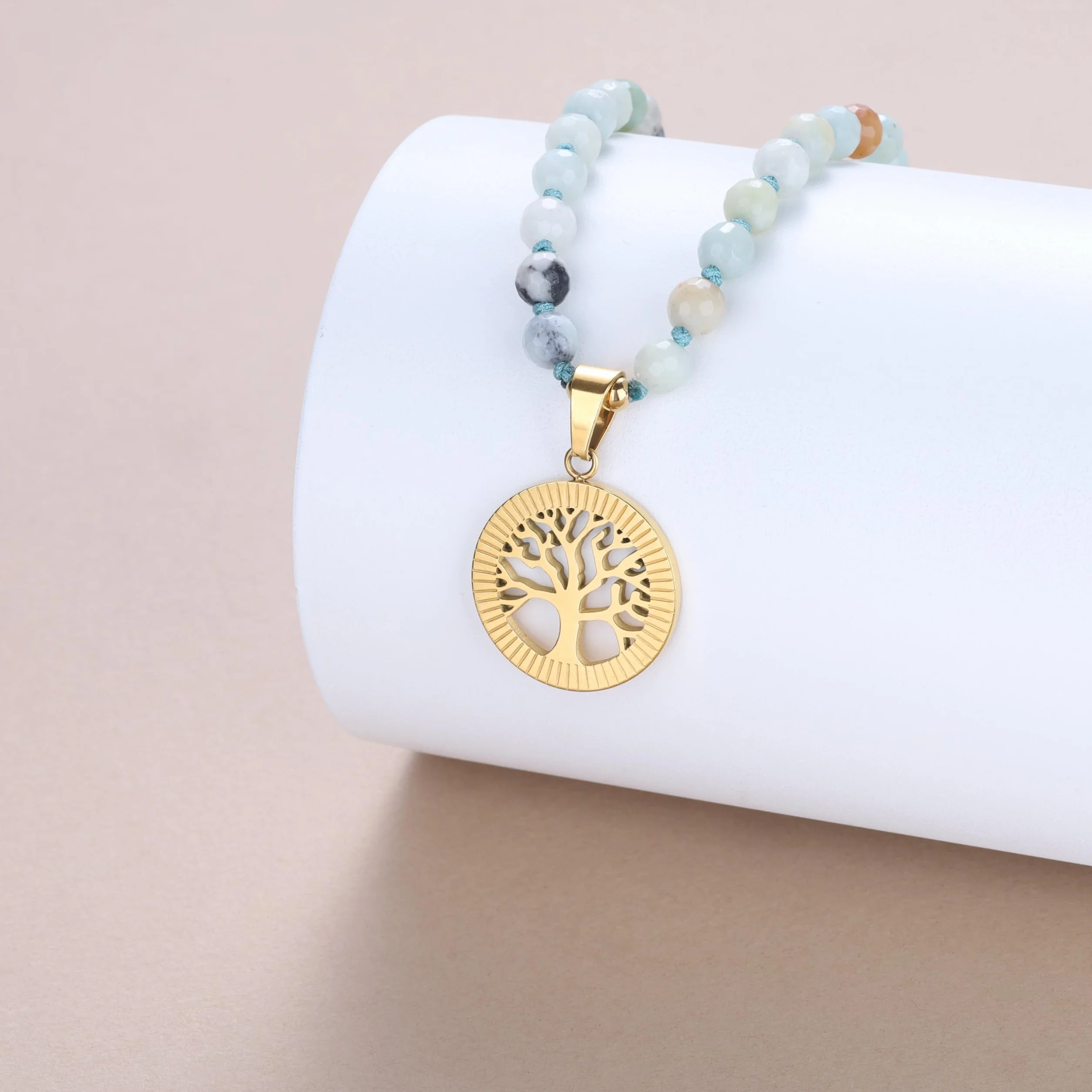 COAI Collana Mala Buddista 108 Perle di Pietre Naturali Annodate a Mano con Ciondolo in Acciaio Inox