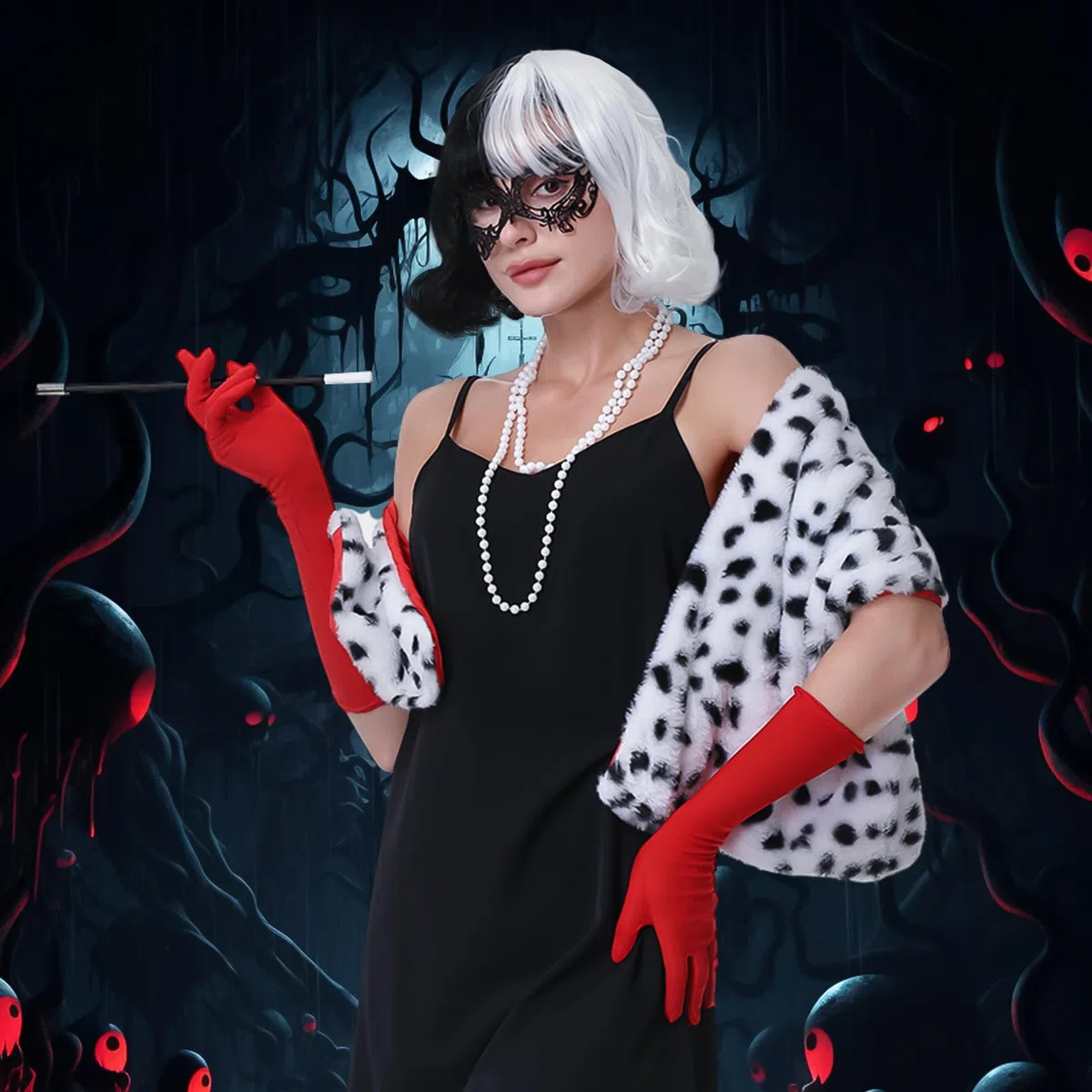 Aragallant Cruella Parrucca in Bianco e Nero, Costume Crudelia Demon Donna, Parrucca Crudelia Demon, Costume di Halloween Accessori con Guanti Rossi, Collana