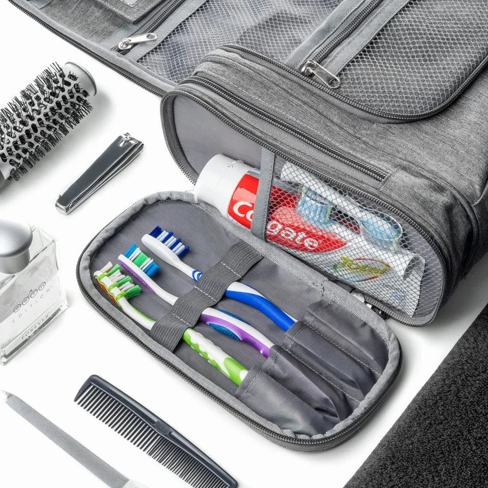 Obics® Beauty case da viaggio per uomo e donna 8L (grande) grigio XXL - Borsa da toilette e trousse da appendere con specchio - Sacchetto per cosmetici e toiletry per viaggi, campeggio (10 scomparti)