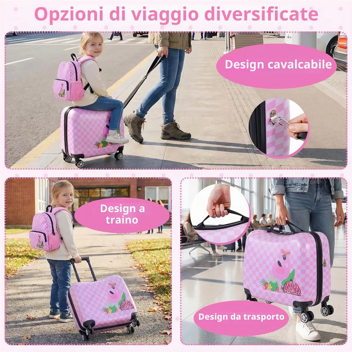 SOARS Set di Valigia Cavalcabile 18’’ + Zaino 12’’ per Bambini 2 Pezzi, Bagagli 2-in-1 di con Maniglia Telescopica e 4 Ruote, Trolley Bagaglio a Mano e Zaino per Bambini (Rosa Fenicottero)