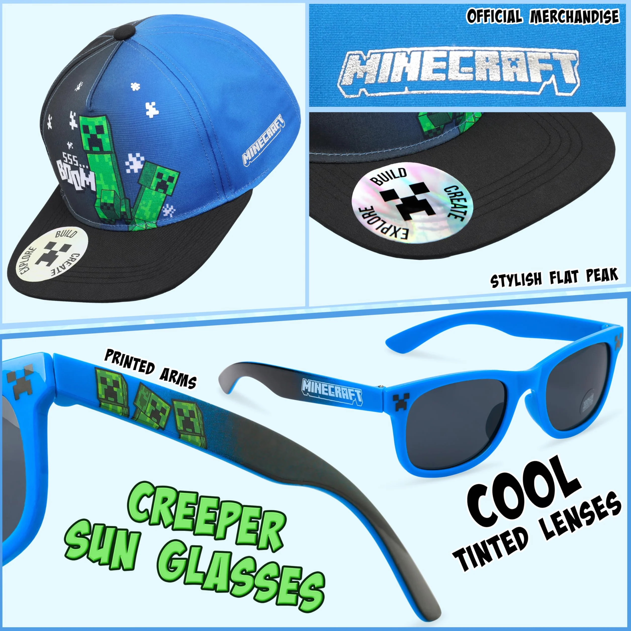 MINECRAFT Occhiali Sole Cappello Bambino Set Creeper Berretto Baseball Regolabile Visiera UV