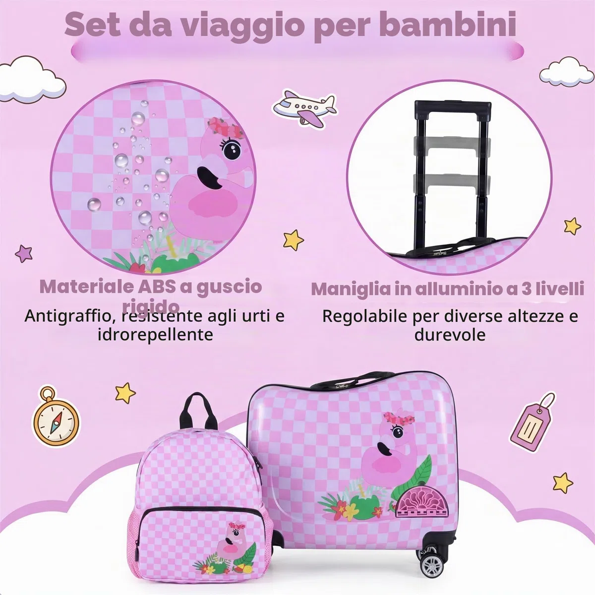 SOARS Set di Valigia Cavalcabile 18’’ + Zaino 12’’ per Bambini 2 Pezzi, Bagagli 2-in-1 di con Maniglia Telescopica e 4 Ruote, Trolley Bagaglio a Mano e Zaino per Bambini (Rosa Fenicottero)